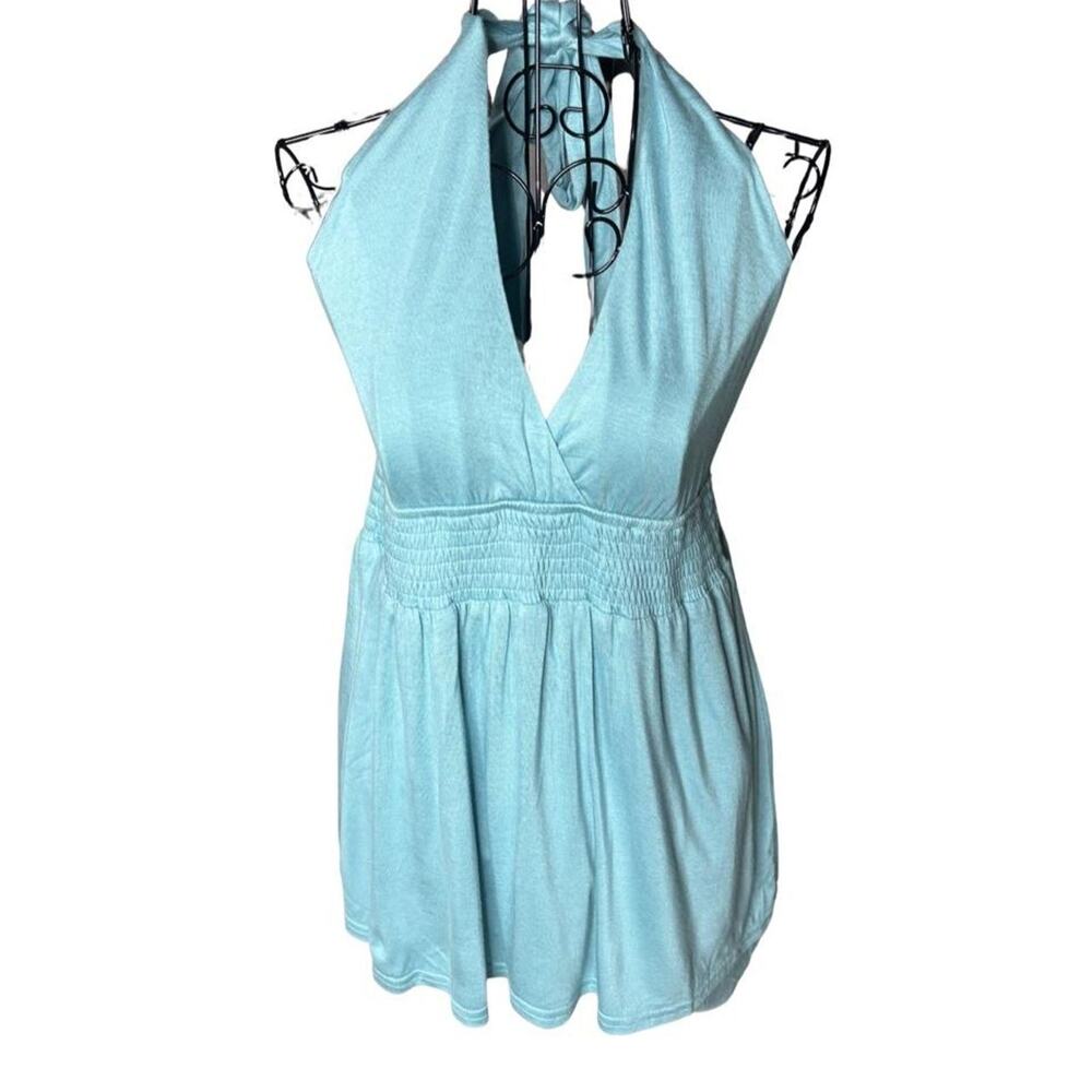 Blue B Collection Smocked Waist Halter Romper Aqua Blue Small